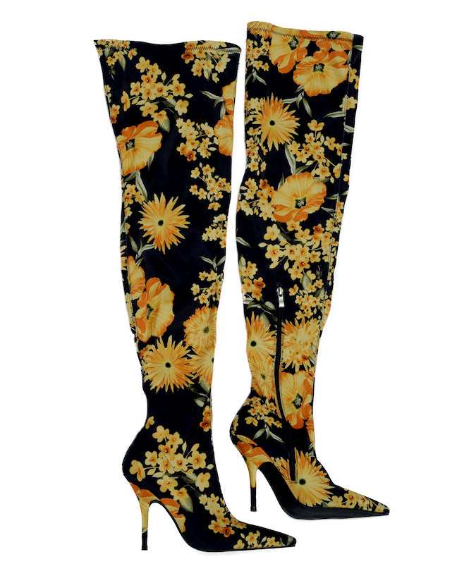 Lulamax Leah Long Boot - Floral Satin Design, High Stiletto - Black Multi